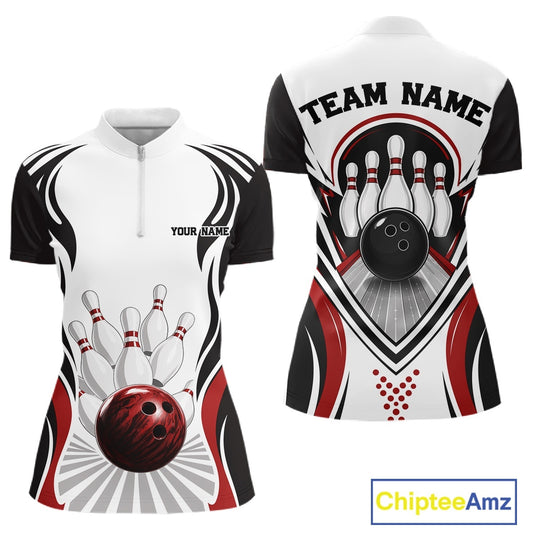 Front and back views of a women's bowling quarter-zip shirt mockup showcasing bowling ball and pins graphics in white, black, and red.