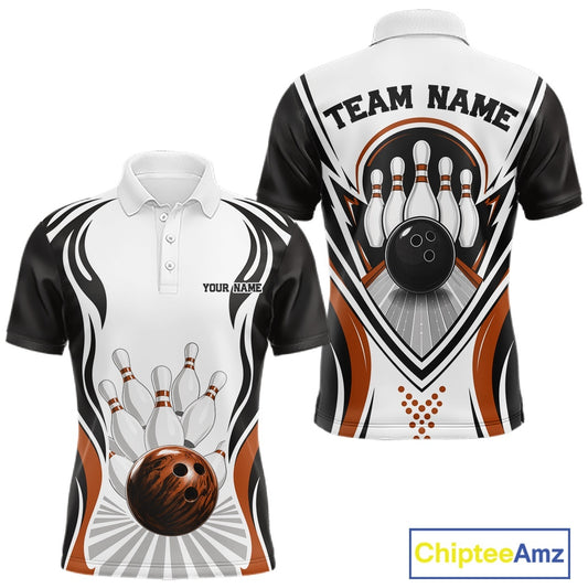 Front and back views of a men's bowling polo shirt mockup with bowling ball knocking down pins artwork in white, black, and orange.