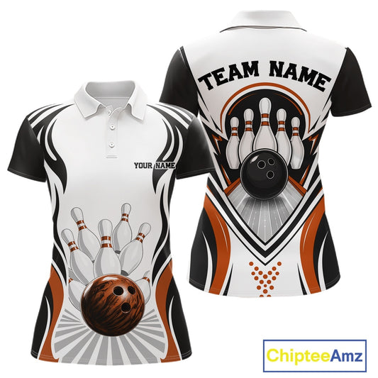 Front and back views of a women's bowling polo shirt mockup featuring bowling ball striking pins artwork in white, black, and orange.