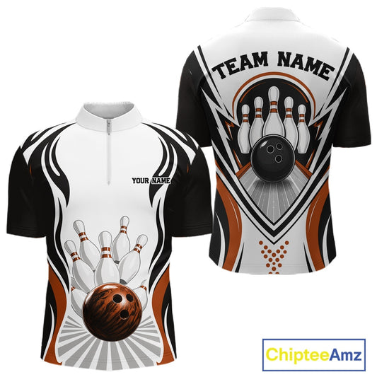 Front and back views of a men's bowling quarter-zip shirt mockup with bowling ball and pins artwork in white, black, and orange.