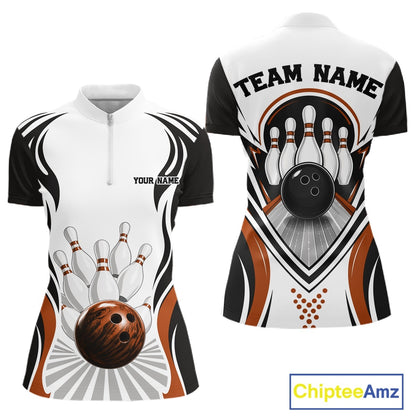 Front and back views of a women's bowling quarter-zip shirt mockup featuring bowling ball knocking down pins graphics in white, black, and orange.