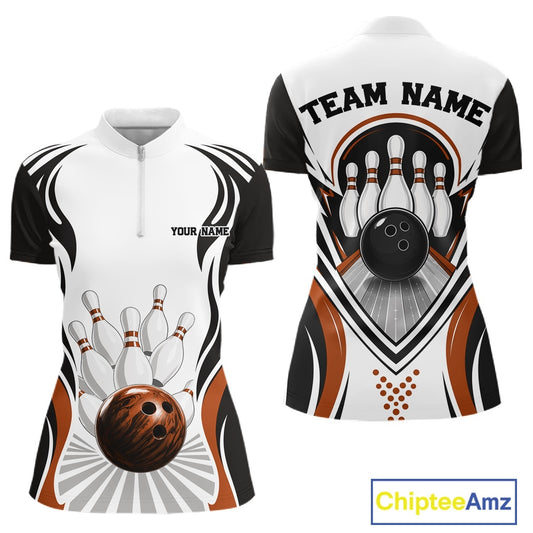 Front and back views of a women's bowling quarter-zip shirt mockup featuring bowling ball knocking down pins graphics in white, black, and orange.