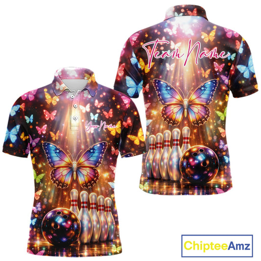 Front and back views of a mens bowling polo shirt featuring colorful butterflies above a bowling ball and pins with sparkling light effects.