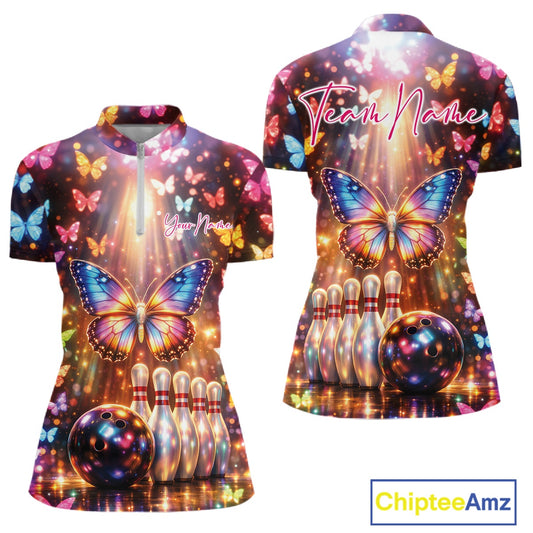 Front and back mockup of a women’s bowling quarter-zip shirt featuring colorful butterflies above bowling pins and a bowling ball with sparkling lights.
