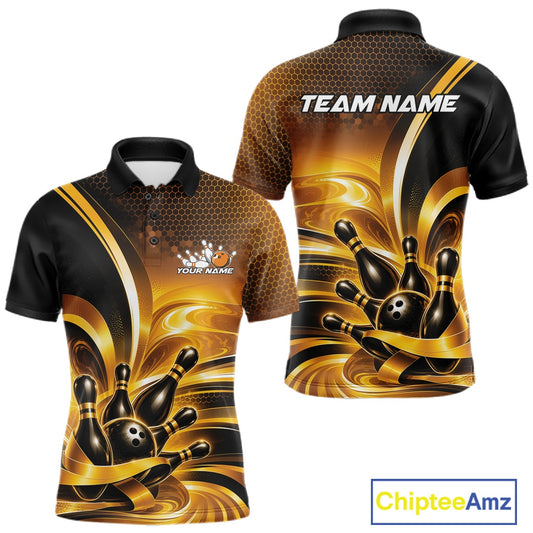 Front and back views of a men's bowling polo shirt mockup featuring glossy gold and black bowling ball and pins graphics.