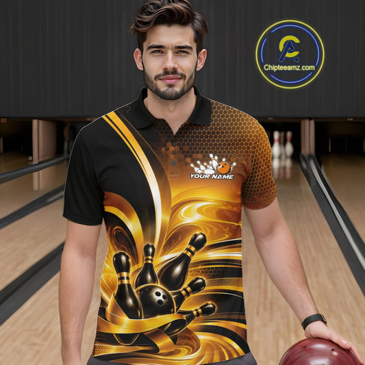 Front view of a male model at a bowling lane wearing a bowling polo shirt with glossy gold and black bowling ball and pins artwork.