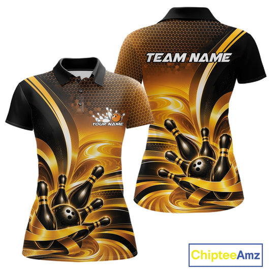 Front and back views of a women's bowling polo shirt mockup featuring glossy gold and black bowling ball and pins artwork.
