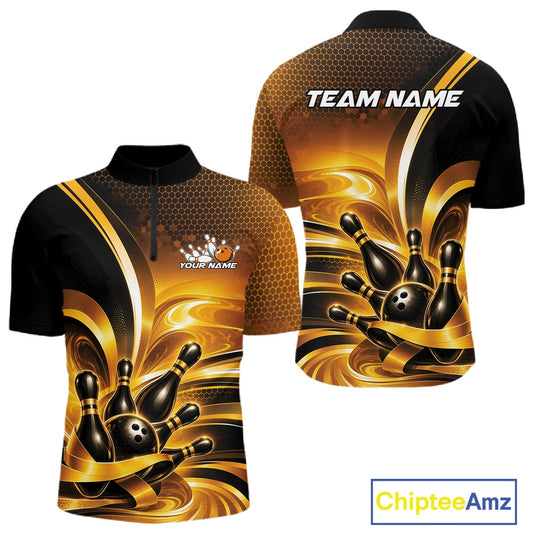 Front and back views of a men's bowling quarter-zip shirt mockup showcasing glossy gold and black bowling ball and pins artwork.