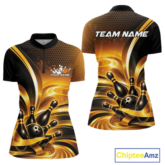 Front and back view of a women's bowling quarter zip mockup featuring glossy gold and black bowling ball and pins artwork.