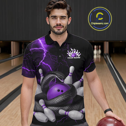 Custom Black And Purple Thunder Lightning Black Mamba Snake Bowling Team Men Polo Shirt IPHW10153