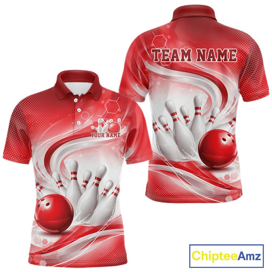 White and red bowling polo shirt mockup shown from both sides with flowing abstract graphics and a bowling ball impact design