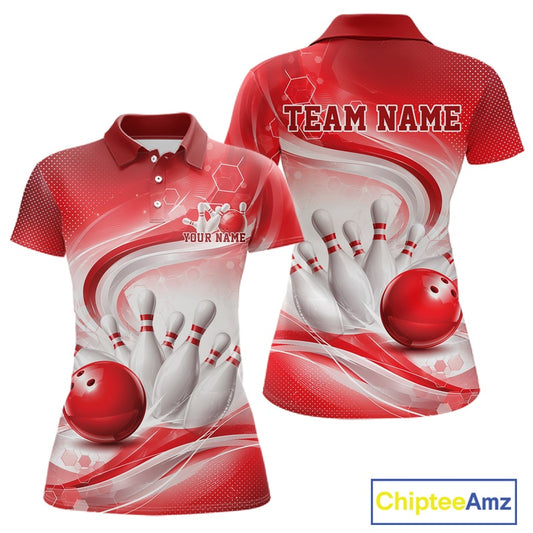 Front and back mockup of a womens white and red bowling polo shirt featuring elegant wave artwork and bowling pin action imagery