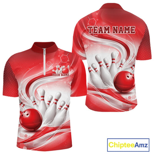 Mens white and red bowling quarter-zip mockup displayed from front and back with wave-inspired artwork and bowling action graphics