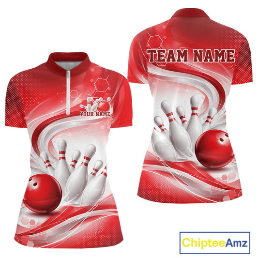 Front and back mockup of a womens white and red bowling quarter-zip pullover featuring abstract wave lines and a glossy bowling ball striking pins.