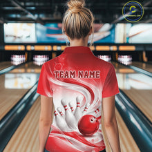 Load image into Gallery viewer, Custom Red Halftone Dots Hexagon Bowling Team Jerseys, Women Quarter-Zip Bowling Shirt IPHW11375