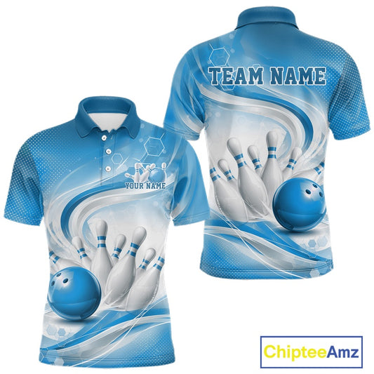 Mens white and blue bowling polo shirt mockup shown from front and back with flowing linework and a glossy bowling ball design