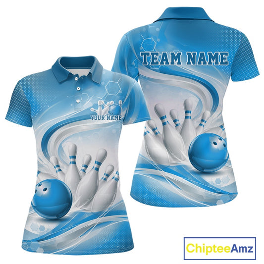Front and back mockup of a womens white and blue polo shirt featuring abstract wave lines and a glossy bowling ball striking pins.
