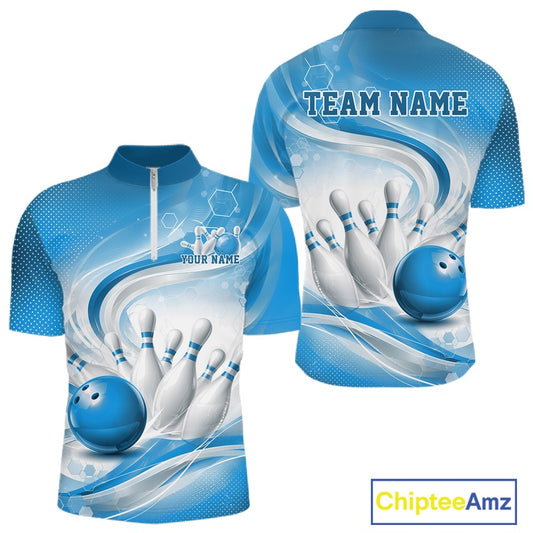 Front and back mockup of a mens white and blue bowling quarter-zip pullover featuring abstract wave lines and a glossy bowling ball striking pins.