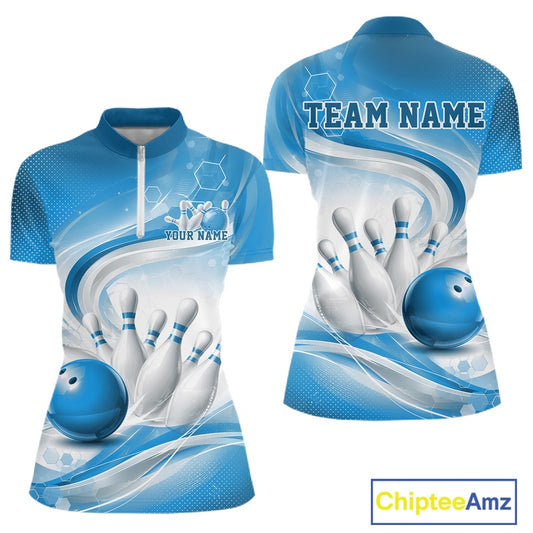 Front and back mockup of a womens white and blue bowling quarter-zip pullover featuring abstract wave lines and a glossy bowling ball striking pins.