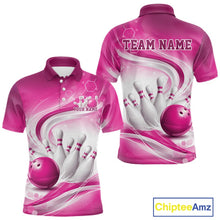 Load image into Gallery viewer, Front and back mockup of a mens white and pink bowling polo shirt featuring abstract wave lines and a glossy bowling ball striking pins.