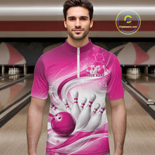 Load image into Gallery viewer, Male model standing in a bowling lane wearing a white and pink bowling quarter-zip shirt featuring abstract wave lines and a glossy bowling ball striking pins on the front.