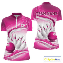 Load image into Gallery viewer, Front and back view of a white and pink womens bowling quarter-zip shirt featuring flowing abstract wave patterns and a glossy bowling ball striking a set of pins