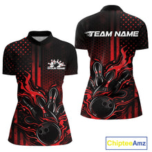 Load image into Gallery viewer, Custom Red Patrotic Flame Bowling Women Quarter-Zip Shirt, US Flag Bowling Jersey IPHW11155