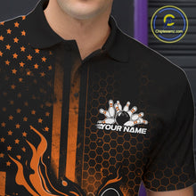 Load image into Gallery viewer, Custom Orange Patrotic Flame Bowling Men Polo Shirt, US Flag Bowling Jersey IPHW11156
