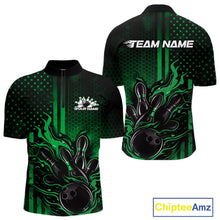 Load image into Gallery viewer, Custom Green Patrotic Flame Bowling Men Quarter-Zip Shirt, US Flag Bowling Jersey IPHW11157