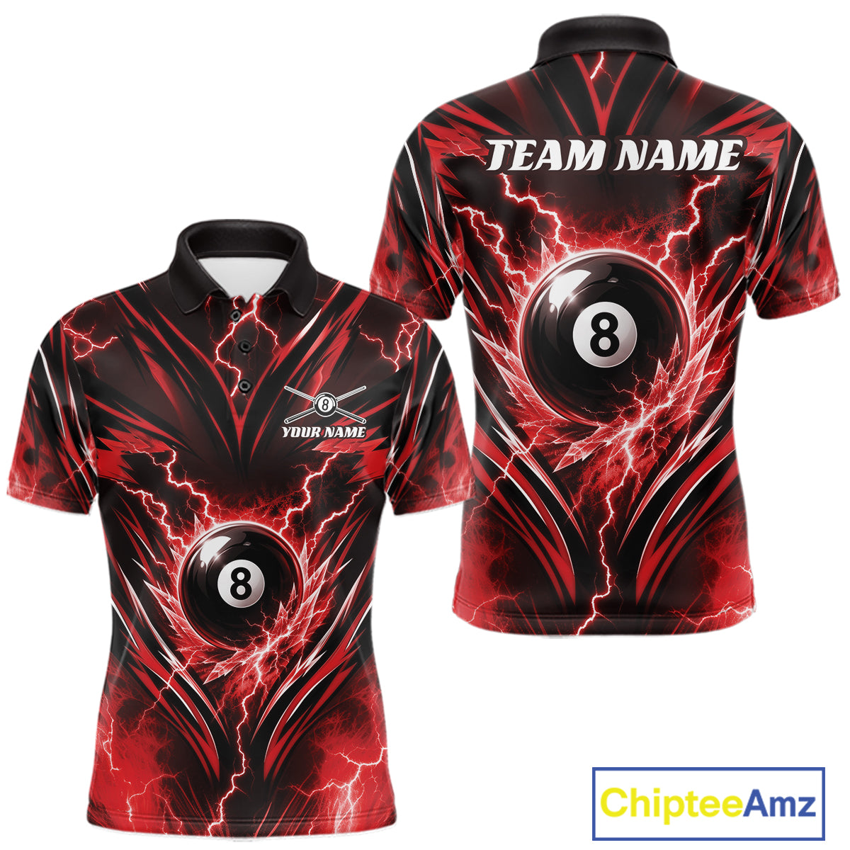 Custom Red Icy Thunder Lightning 8 Ball Billiards Men Polo Shirt, Pool League Shirt IPHW11761
