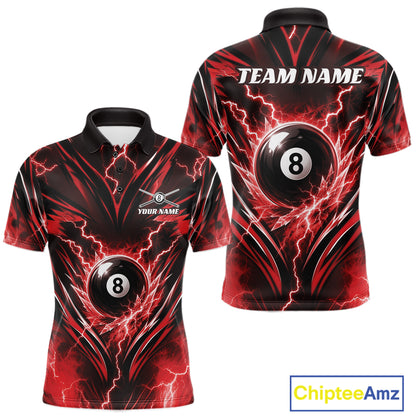 Custom Red Icy Thunder Lightning 8 Ball Billiards Men Polo Shirt, Pool League Shirt IPHW11761