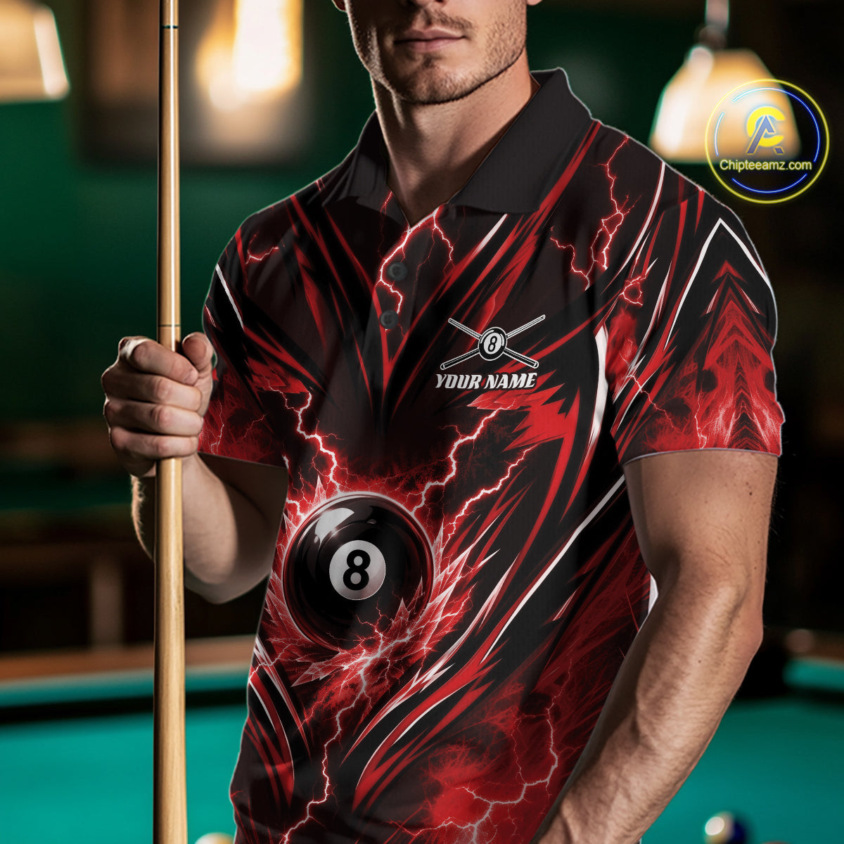 Custom Red Icy Thunder Lightning 8 Ball Billiards Men Polo Shirt, Pool League Shirt IPHW11761