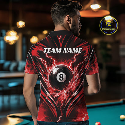 Custom Red Icy Thunder Lightning 8 Ball Billiards Men Polo Shirt, Pool League Shirt IPHW11761