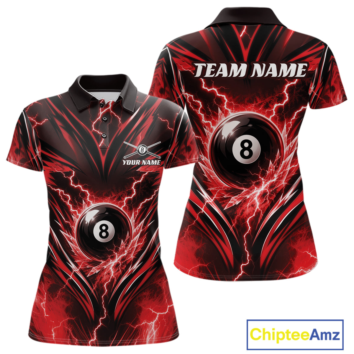 Custom Red Icy Thunder Lightning 8 Ball Billiards Women Polo Shirt, Pool League Shirt IPHW11761