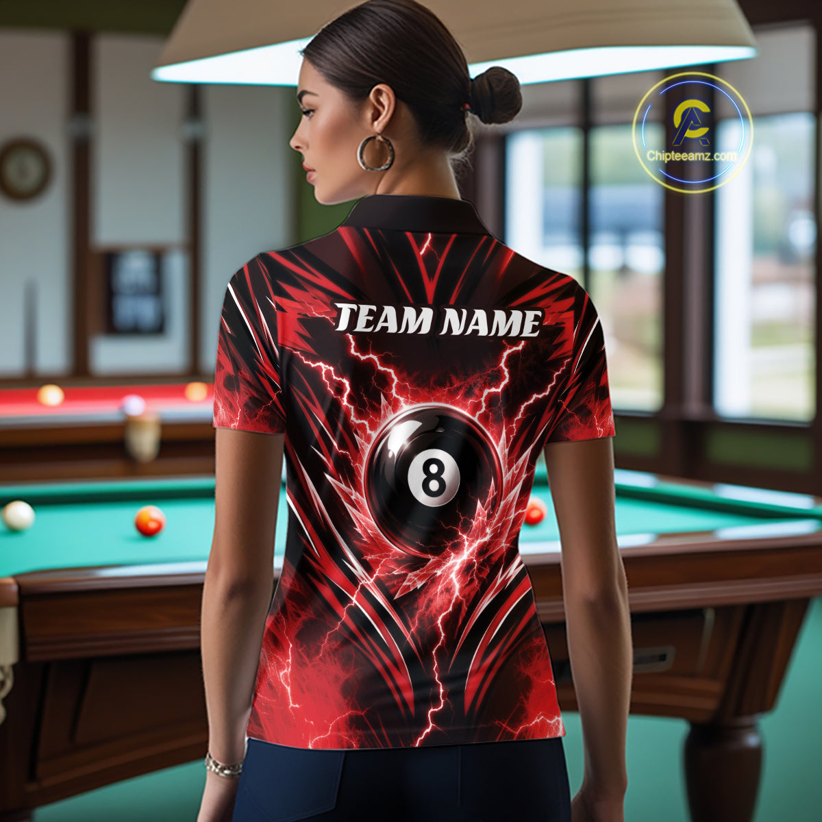 Custom Red Icy Thunder Lightning 8 Ball Billiards Women Polo Shirt, Pool League Shirt IPHW11761