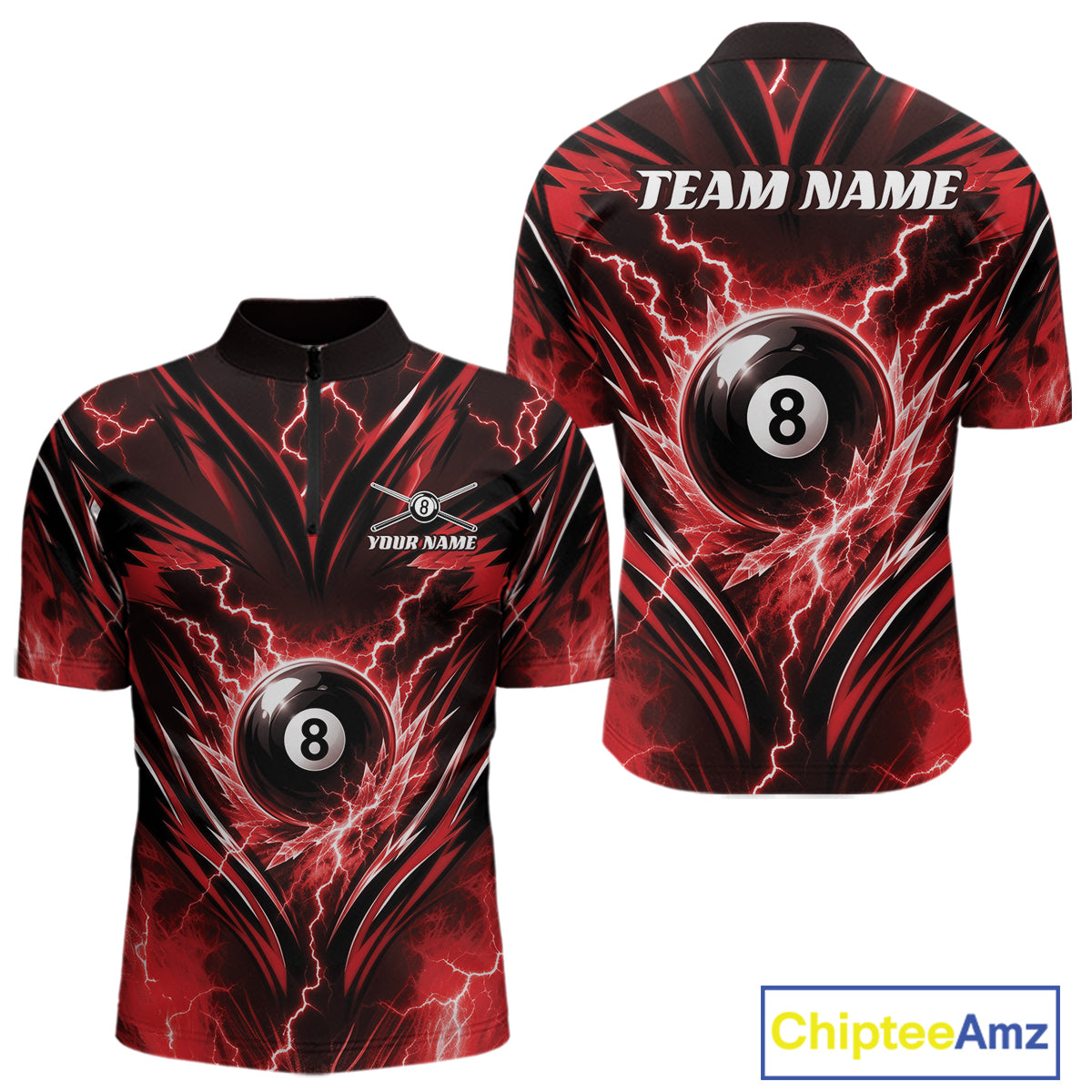 Custom Red Icy Thunder Lightning 8 Ball Billiards Men Quarter Zip Shirt, Pool League Shirt IPHW11761