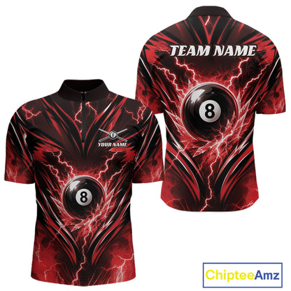 Custom Red Icy Thunder Lightning 8 Ball Billiards Men Quarter Zip Shirt, Pool League Shirt IPHW11761