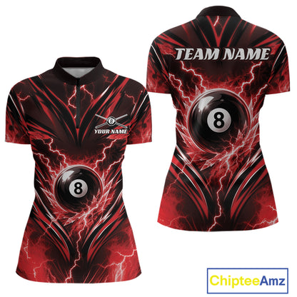 Custom Red Icy Thunder Lightning 8 Ball Billiards Women Quarter-Zip Shirt, Pool Shirt IPHW11761