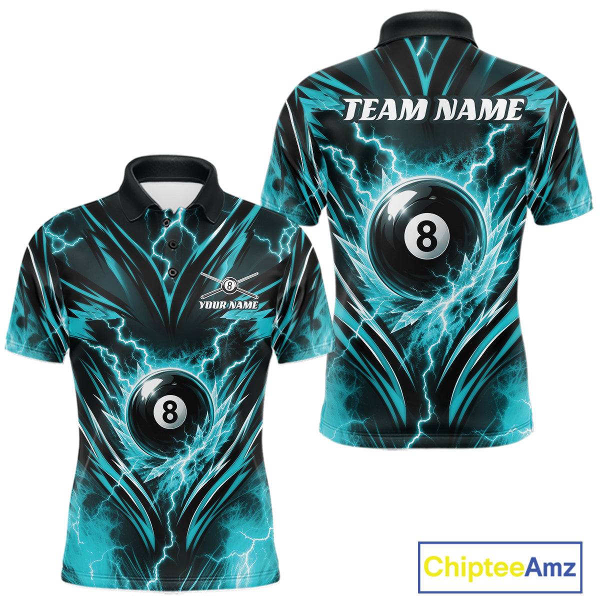 Custom Turquoise Blue Icy Lightning 8 Ball Billiards Men Polo Shirt, Pool League Shirt IPHW11762