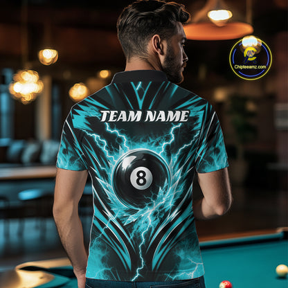 Custom Turquoise Blue Icy Lightning 8 Ball Billiards Men Polo Shirt, Pool League Shirt IPHW11762