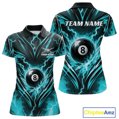 Custom Turquoise Blue Icy Lightning 8 Ball Billiards Women Polo Shirt, Pool League Shirt IPHW11762