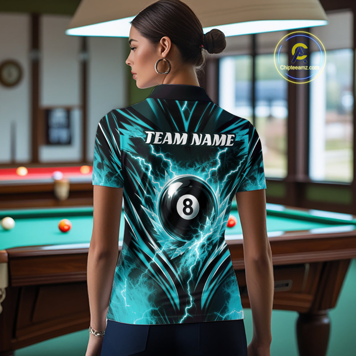 Custom Turquoise Blue Icy Lightning 8 Ball Billiards Women Polo Shirt, Pool League Shirt IPHW11762