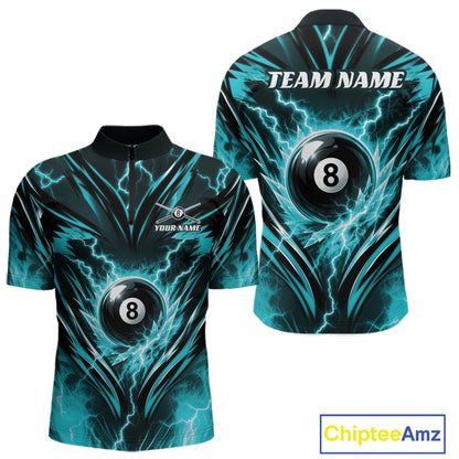 Custom Turquoise Blue Icy Lightning 8 Ball Billiards Men Quarter Zip Shirt, Pool League Shirt IPHW11762