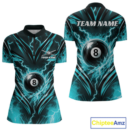 Custom Turquoise Blue Icy Lightning 8 Ball Billiards Women Quarter-Zip Shirt, Pool Shirt IPHW11762