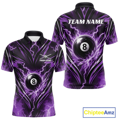 Custom Purple Icy Thunder Lightning 8 Ball Billiards Men Polo Shirt, Pool League Shirt IPHW11763