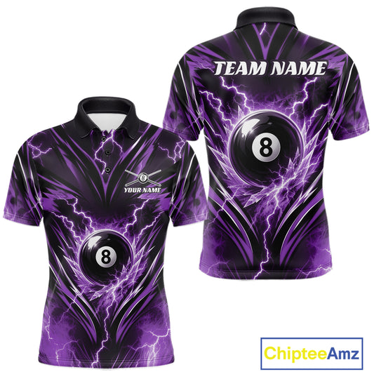 Custom Purple Icy Thunder Lightning 8 Ball Billiards Men Polo Shirt, Pool League Shirt IPHW11763