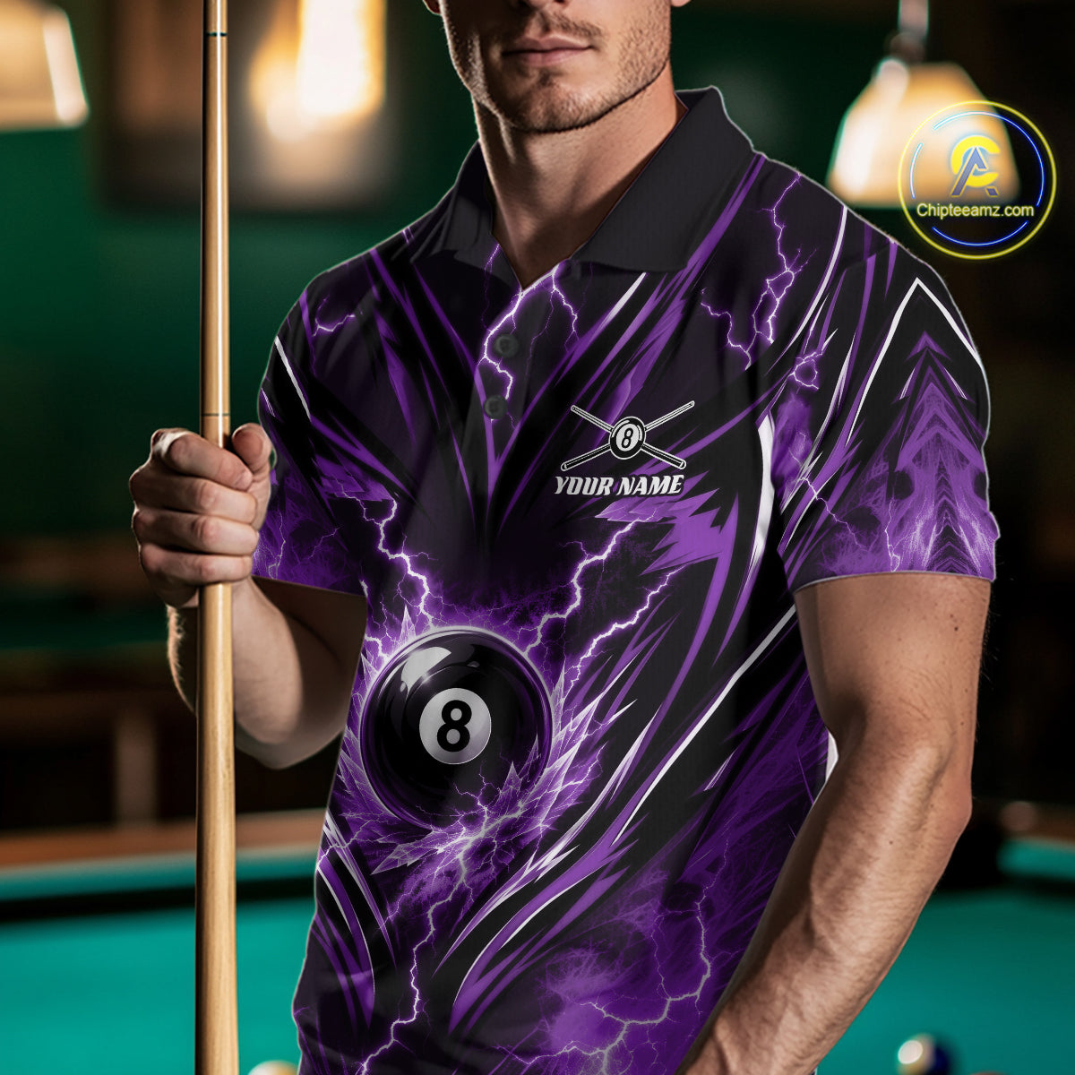 Custom Purple Icy Thunder Lightning 8 Ball Billiards Men Polo Shirt, Pool League Shirt IPHW11763