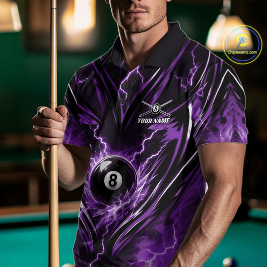 Custom Purple Icy Thunder Lightning 8 Ball Billiards Men Polo Shirt, Pool League Shirt IPHW11763