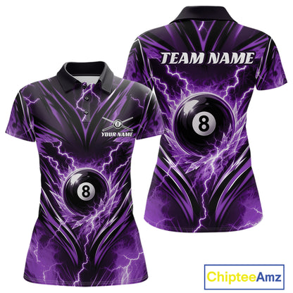 Custom Purple Icy Thunder Lightning 8 Ball Billiards Women Polo Shirt, Pool League Shirt IPHW11763