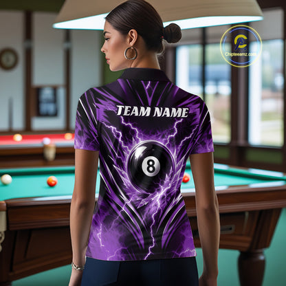 Custom Purple Icy Thunder Lightning 8 Ball Billiards Women Polo Shirt, Pool League Shirt IPHW11763